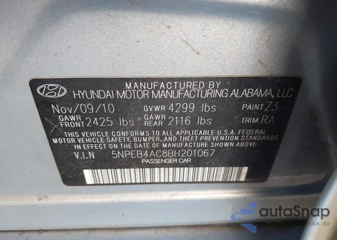 2011 Hyundai Sonata Gls из США, поврежденный, VIN 5NPEB4AC8BH201067